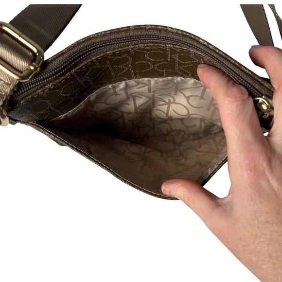 Calvin Klein CK Monogram Crossbody Bag Brown Logo Purse Multi Pocket Adjustable - Picture 8 of 10